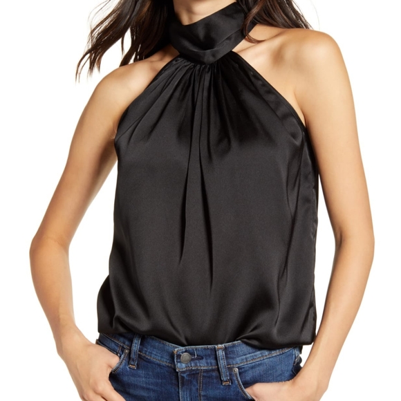 Tops - BLACK LIGHT SATIN HALTER TOP